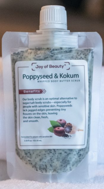 A packet of Poppyseed & Kokum Scrub, whipped body butter scrub, from Joy of Beauty. Benefits say: Our body scrub is an optimal alternative to sugar/salt body scrubs--especially for people with sensitive skin. Poppyseeds lack jagged edges preventing tiny fissures on teh skin, leaving the skin clean, fresh, and smooth.